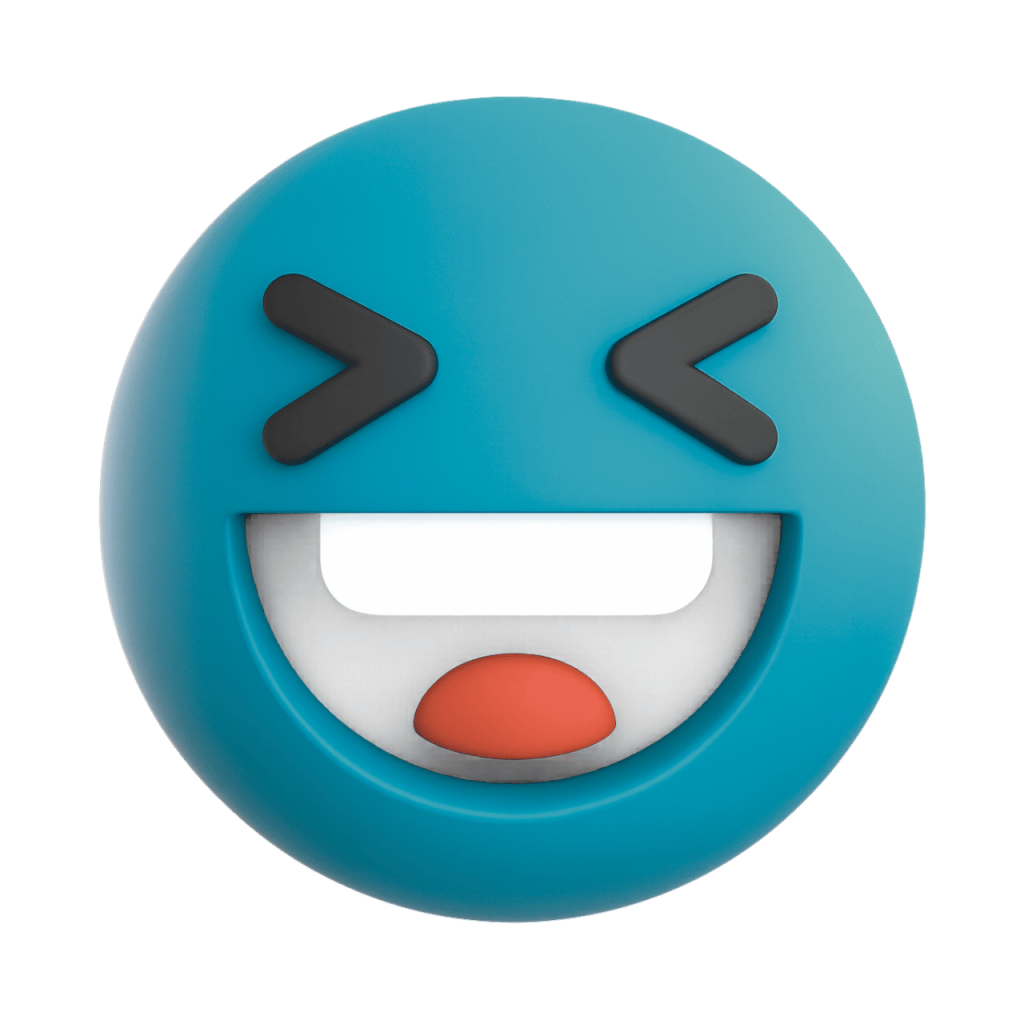 Teal 3D laughing squinting face emoji with wide open mouth and closed eyes on black background.