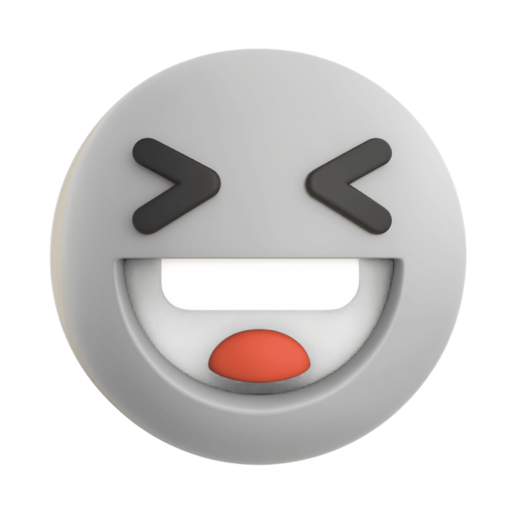 White 3D laughing squinting face emoji with wide open mouth and closed eyes on black background.