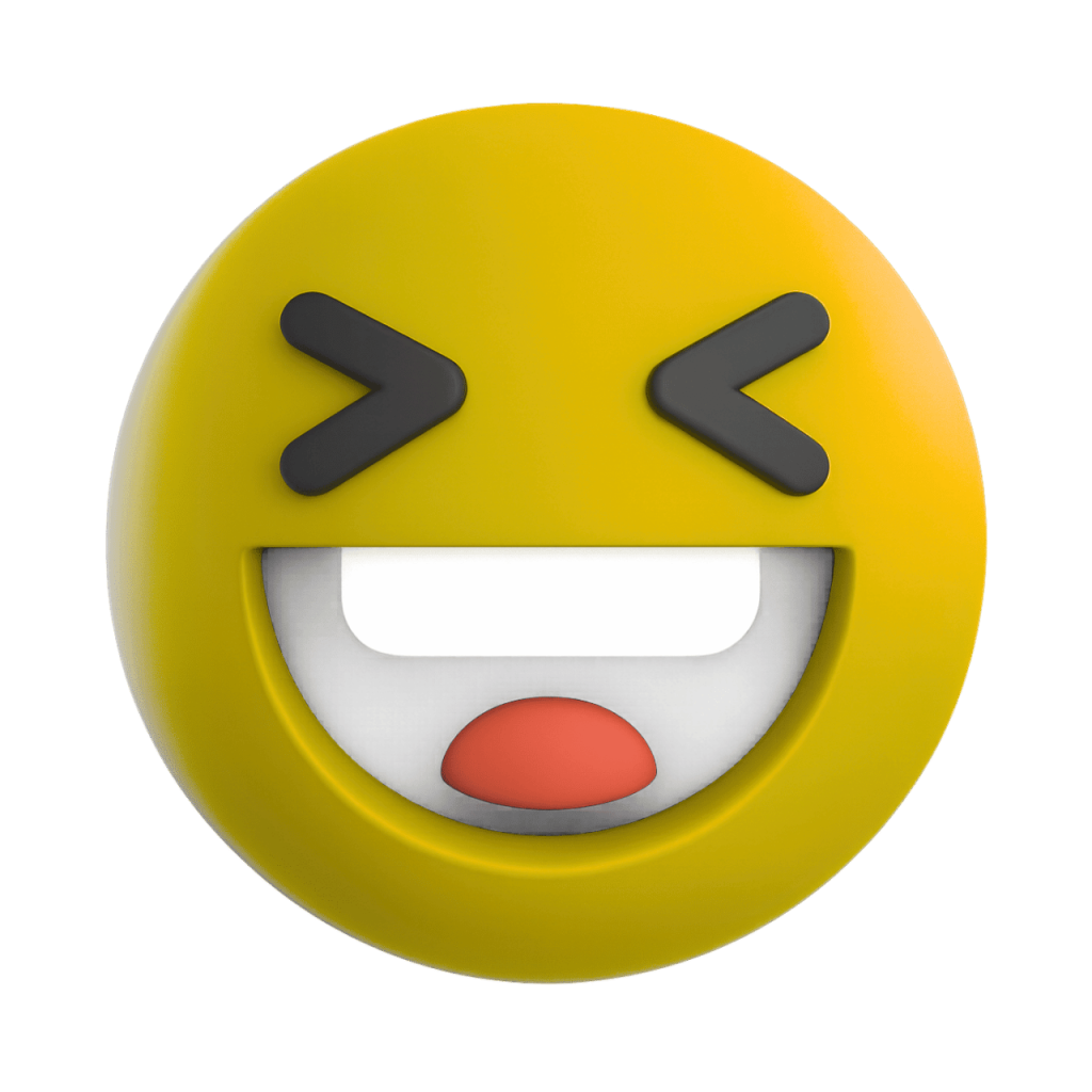 Yellow 3D laughing squinting face emoji with wide open mouth and closed eyes on black background.