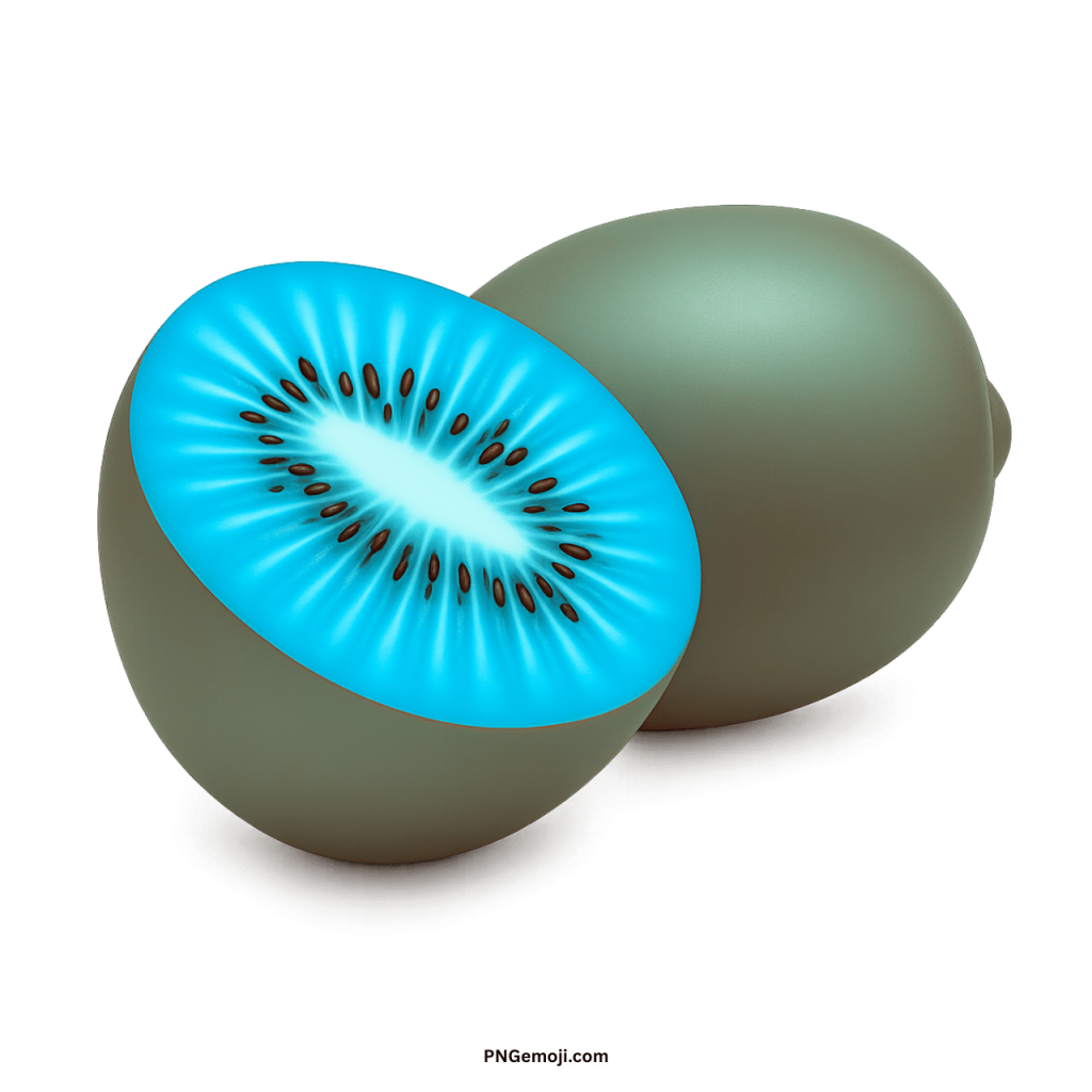 Whole and sliced light blue kiwi fruit, contrasting dark seeds, 3D render