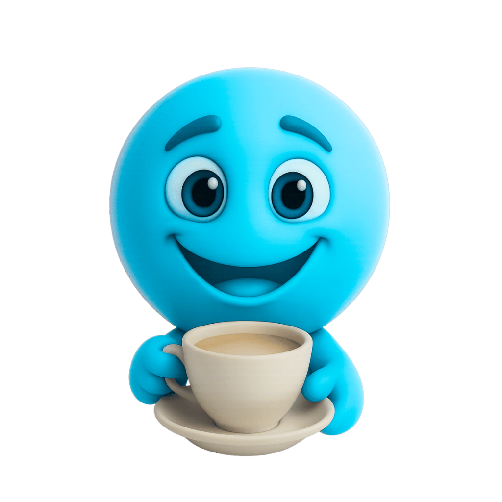 3D rendered light blue smiley face emoji holding a cup of coffee, cheerful