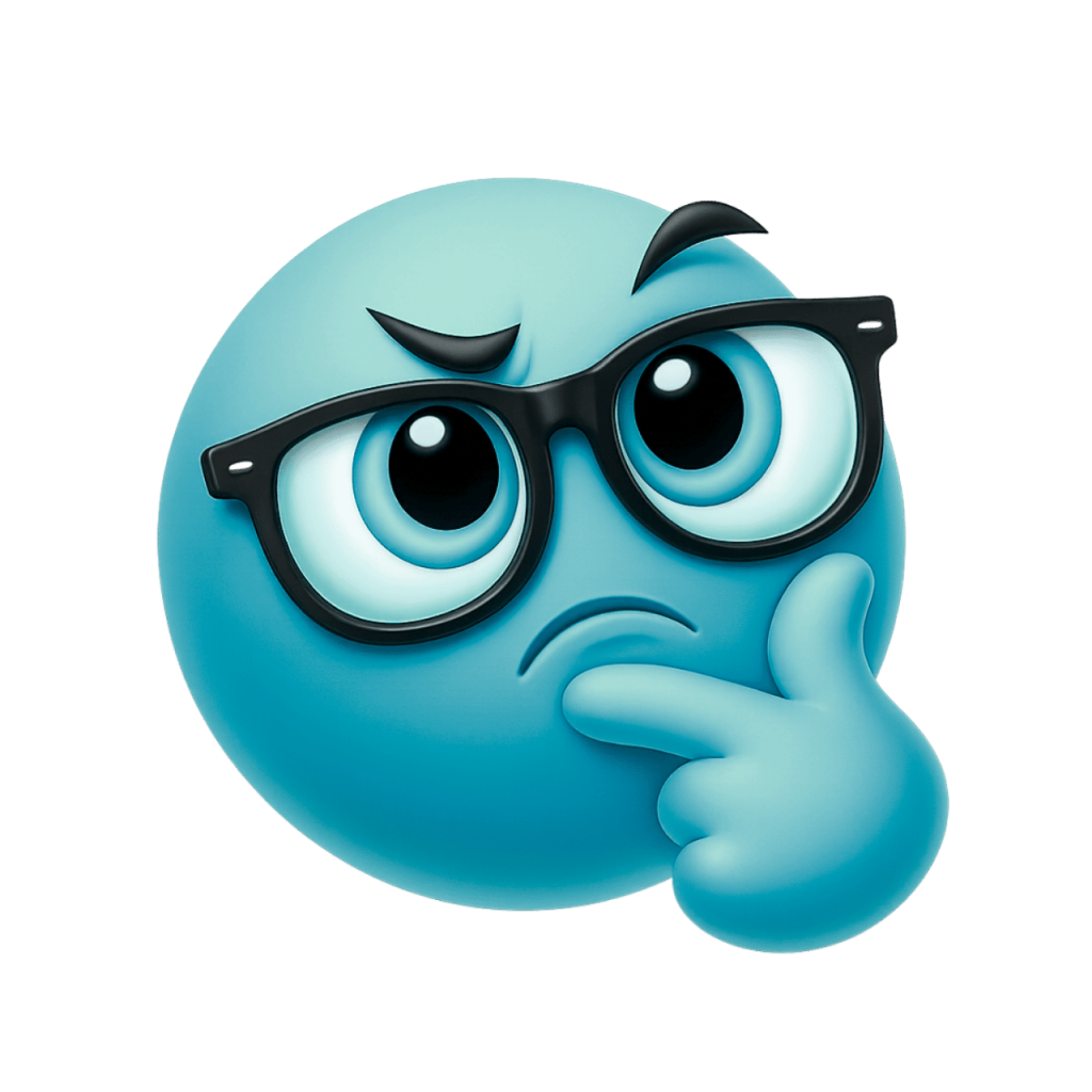 A light blue nerd-thinking emoji wearing glasses, with a hand on its chin, deep in thought.