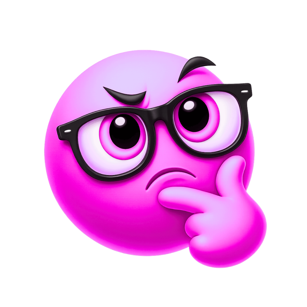 A magenta nerd-thinking emoji wearing glasses, with a hand on its chin, deep in thought.