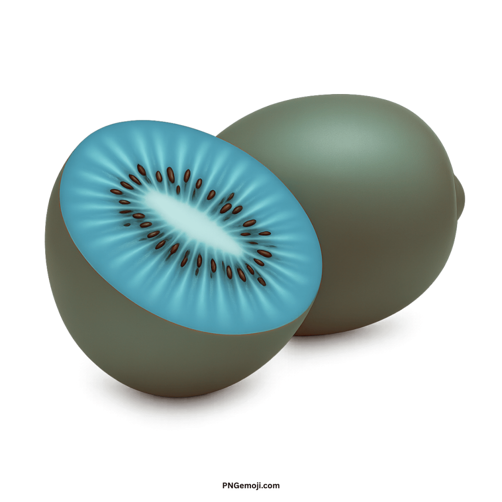 Whole and sliced muted blue kiwi fruit, contrasting dark seeds, 3D render