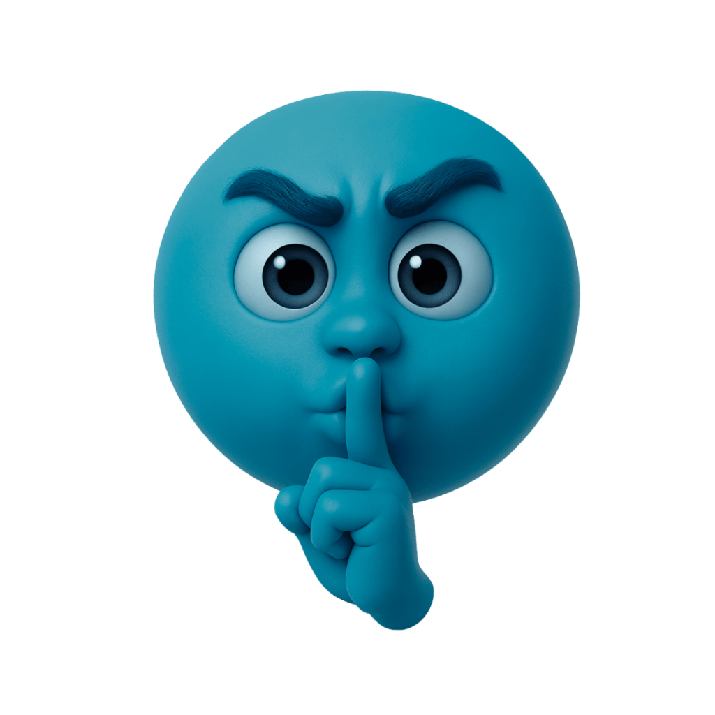 3D rendered muted blue shushing face emoji with finger on lips, expressive
