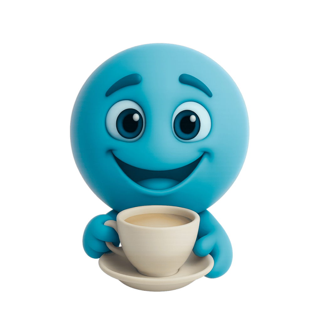 3D rendered muted blue smiley face emoji holding a cup of coffee, cheerful