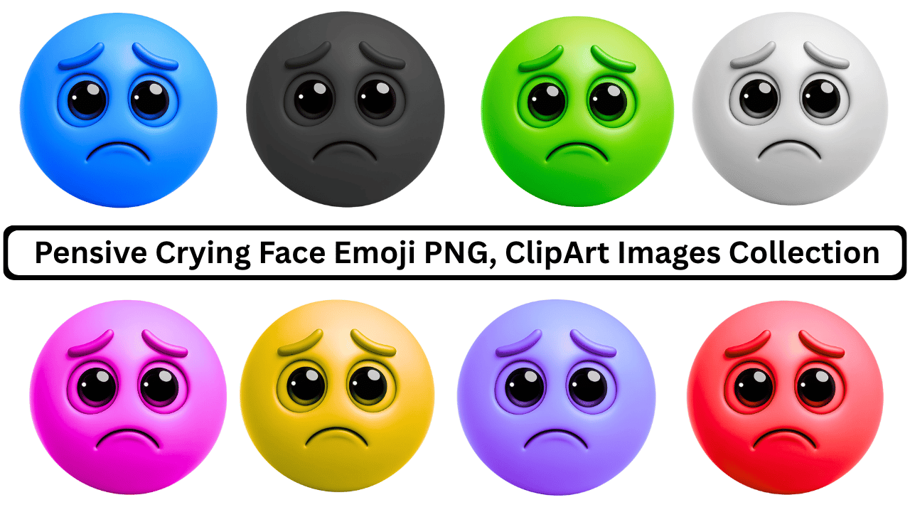 Collection of colorful 3D crying face emojis in blue, grey, green, white, pink, yellow, purple, and red.
