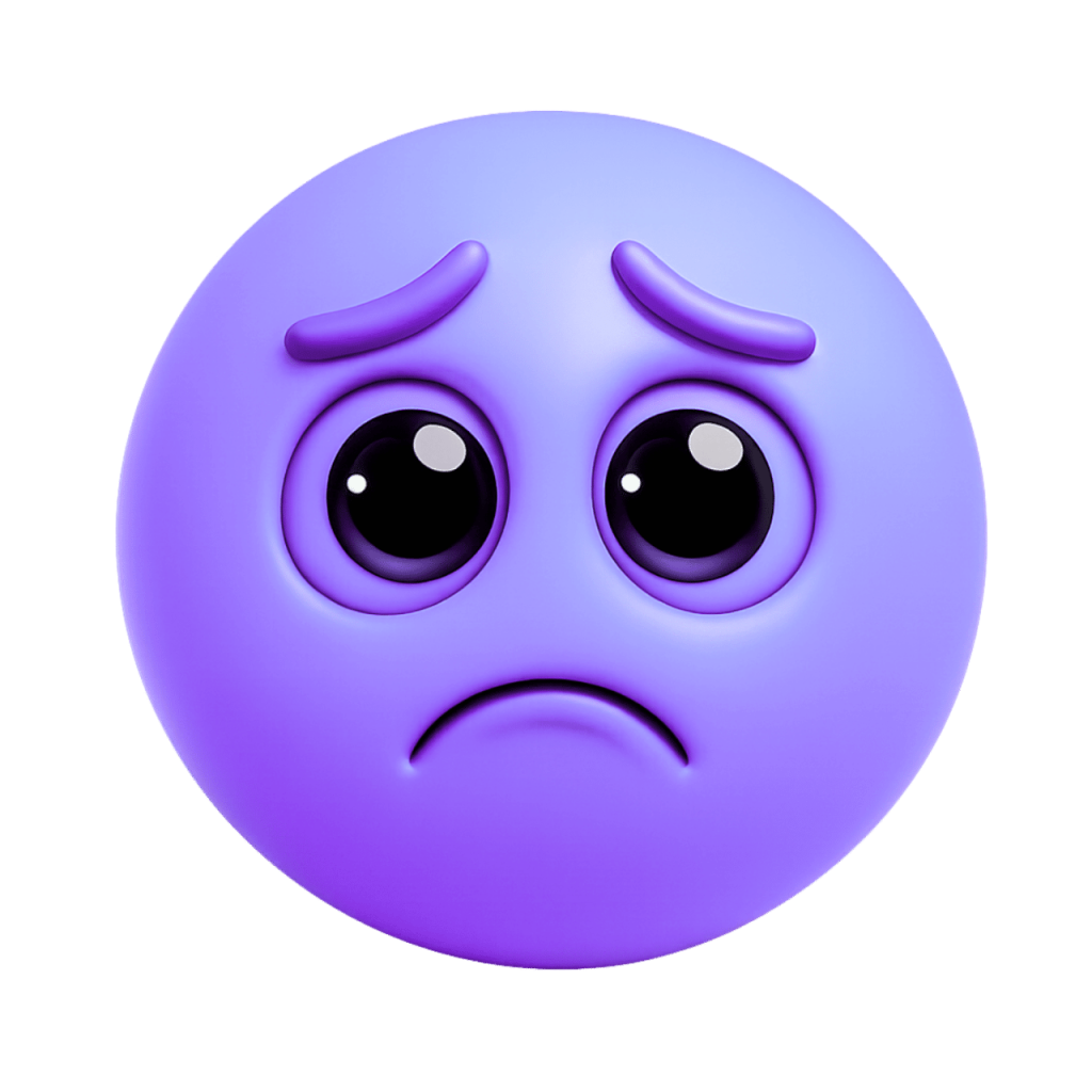 Purple emoji with sad, down-turned eyes and mouth, conveying deep sadness or crying.
