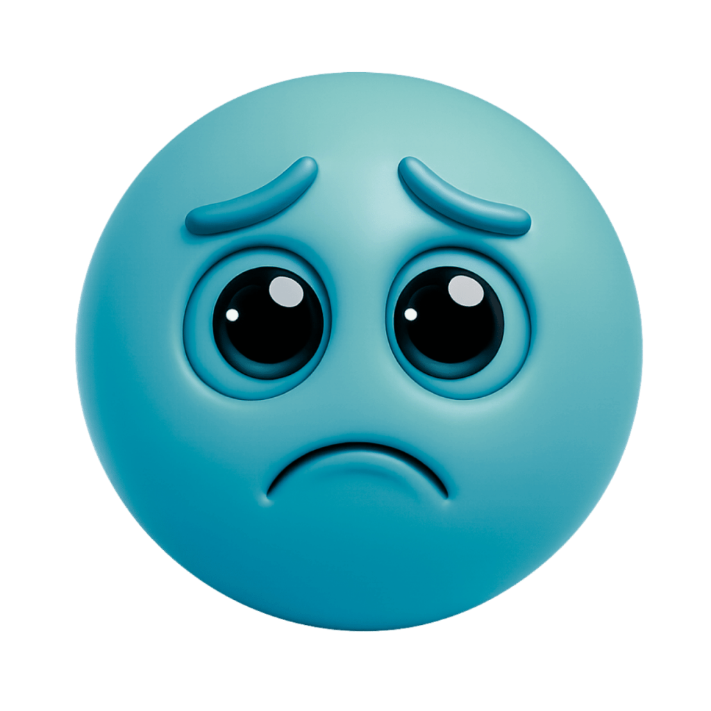 Teal emoji with sad, down-turned eyes and mouth, conveying deep sadness or crying.