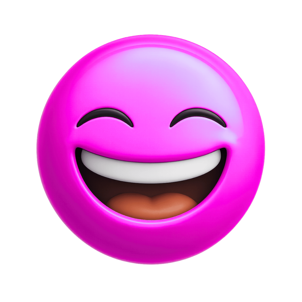 Pink joyful face emoji laughing with closed eyes and wide smile, expressing happiness.