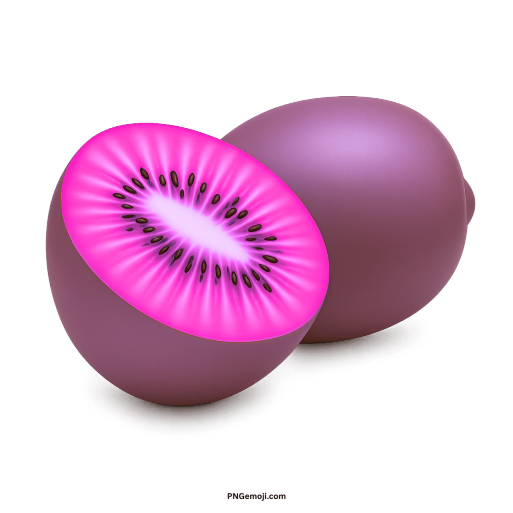 Whole and sliced pink kiwi fruit, vibrant flesh, dark seeds, 3D render