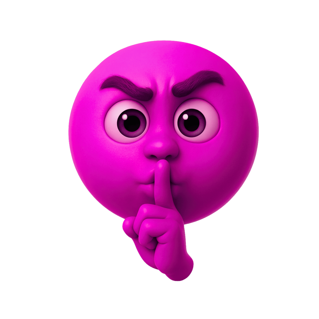 3D rendered pink shushing face emoji with finger on lips, expressive
