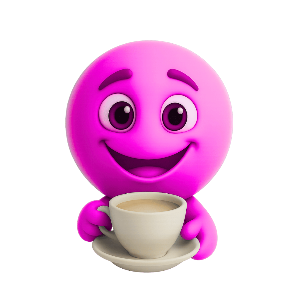 3D rendered pink smiley face emoji holding a cup of coffee, cheerful
