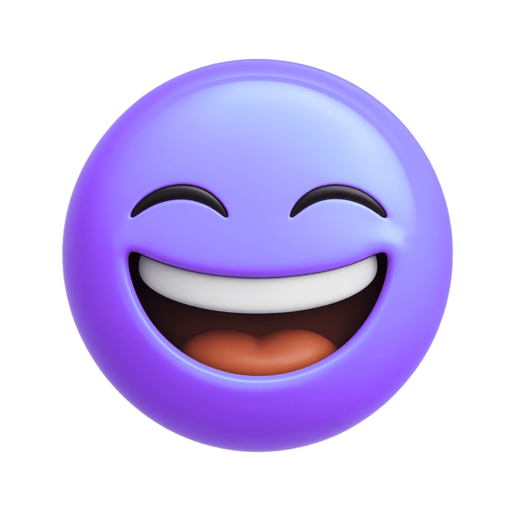 Purple joyful face emoji laughing with closed eyes and wide smile, expressing happiness.