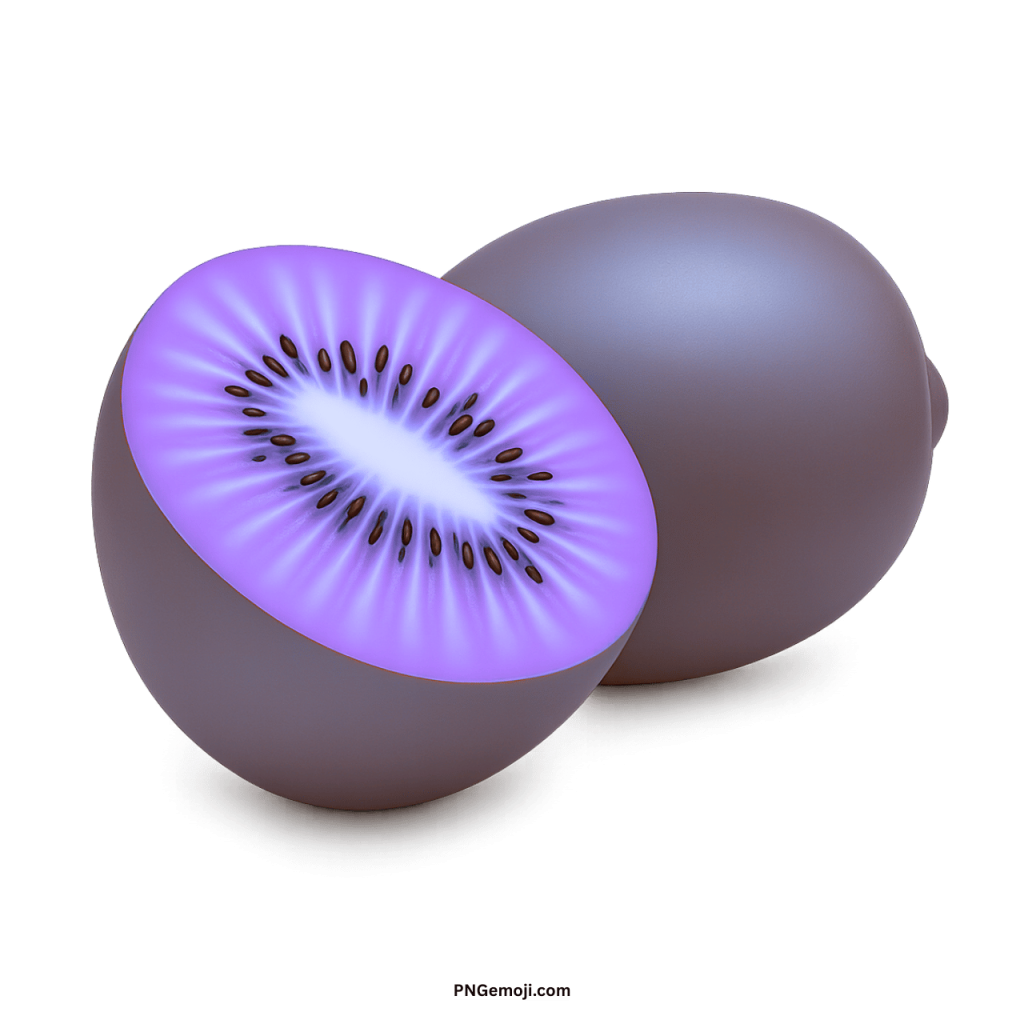 Whole and sliced purple kiwi fruit, vibrant flesh, dark seeds, 3D render