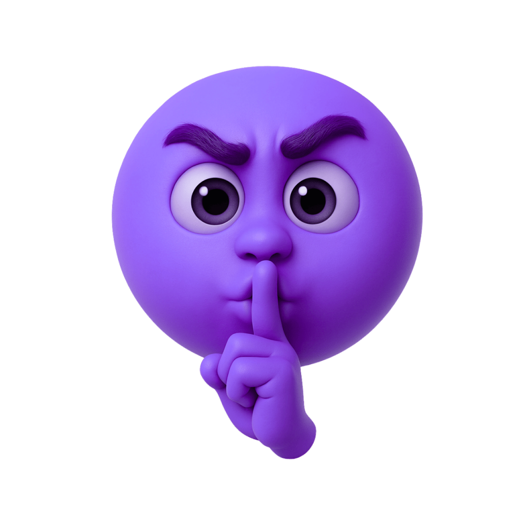 Alt Text: 3D rendered purple shushing face emoji with finger on lips, expressive