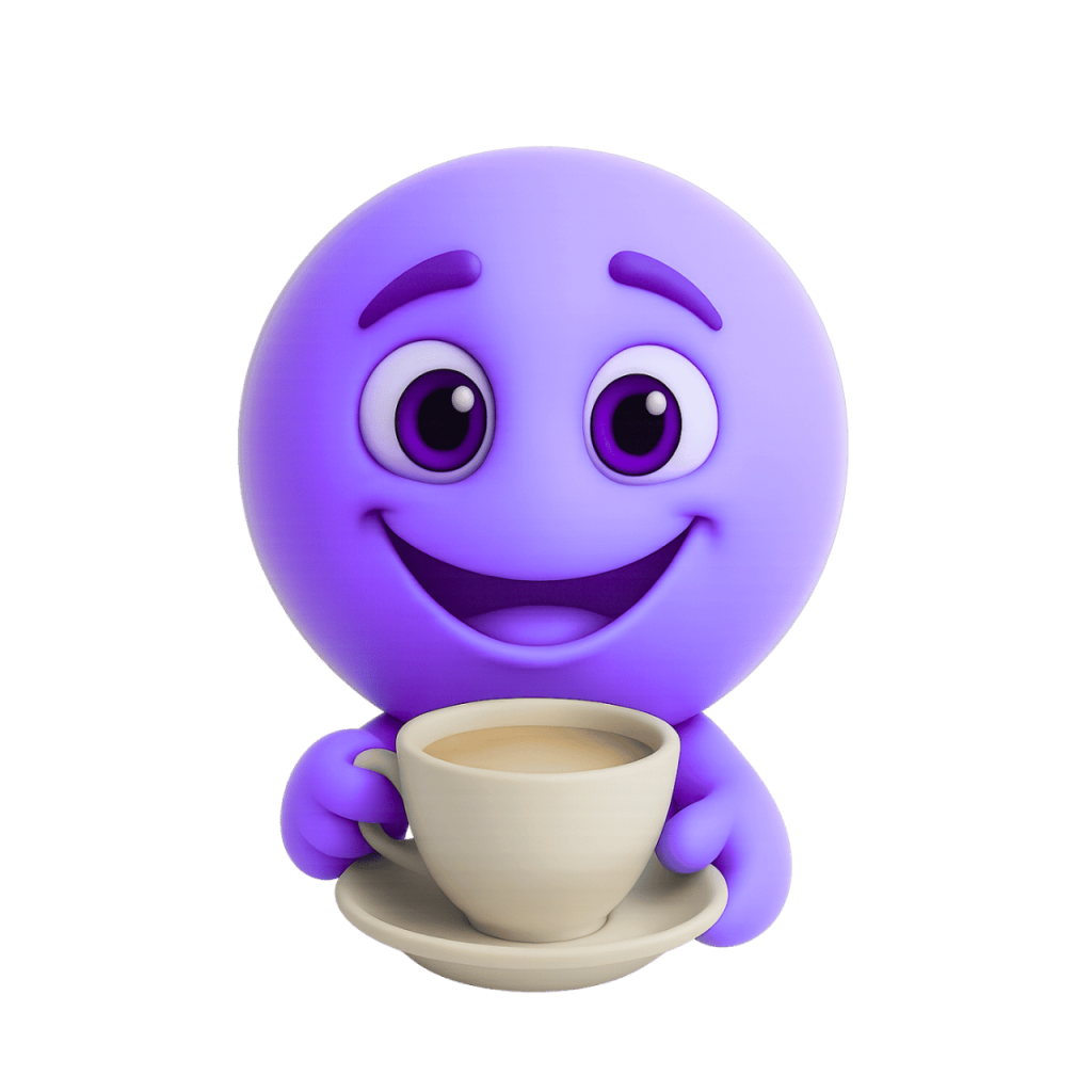 3D rendered purple smiley face emoji holding a cup of coffee, cheerful
