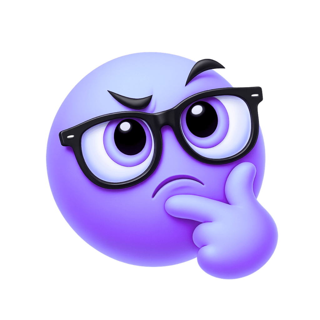 A purple nerd-thinking emoji wearing glasses, with a hand on its chin, deep in thought.