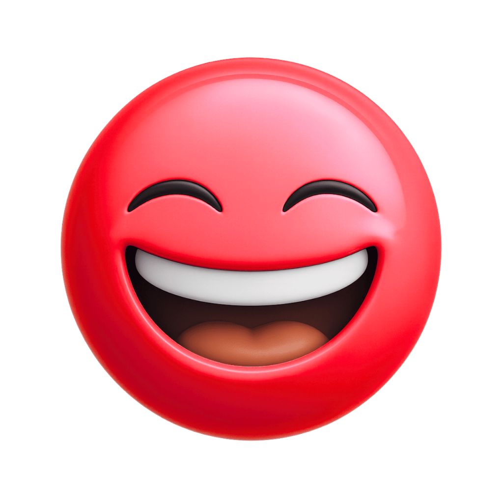 Red joyful face emoji laughing with closed eyes and wide smile, expressing happiness.