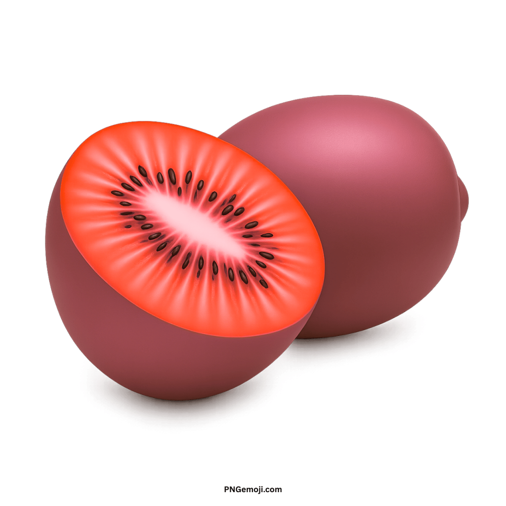 Whole and sliced red kiwi fruit, vibrant flesh, dark seeds, 3D render
