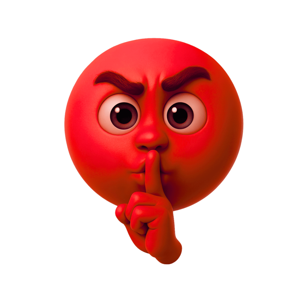3D rendered red shushing face emoji with finger on lips, expressive