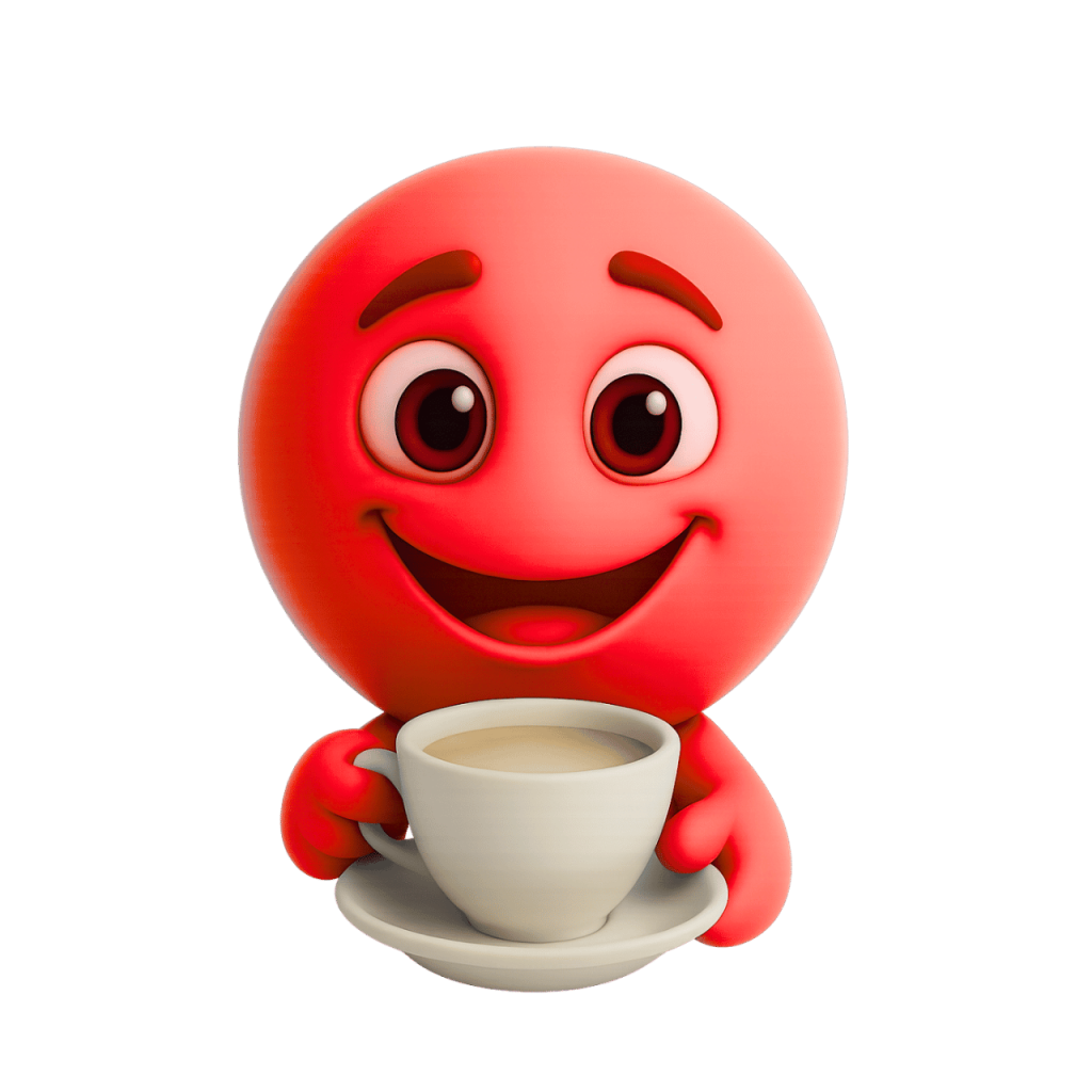 3D rendered red smiley face emoji holding a cup of coffee, cheerful