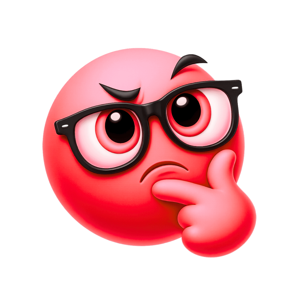 A red nerd-thinking emoji wearing glasses, with a hand on its chin, deep in thought.