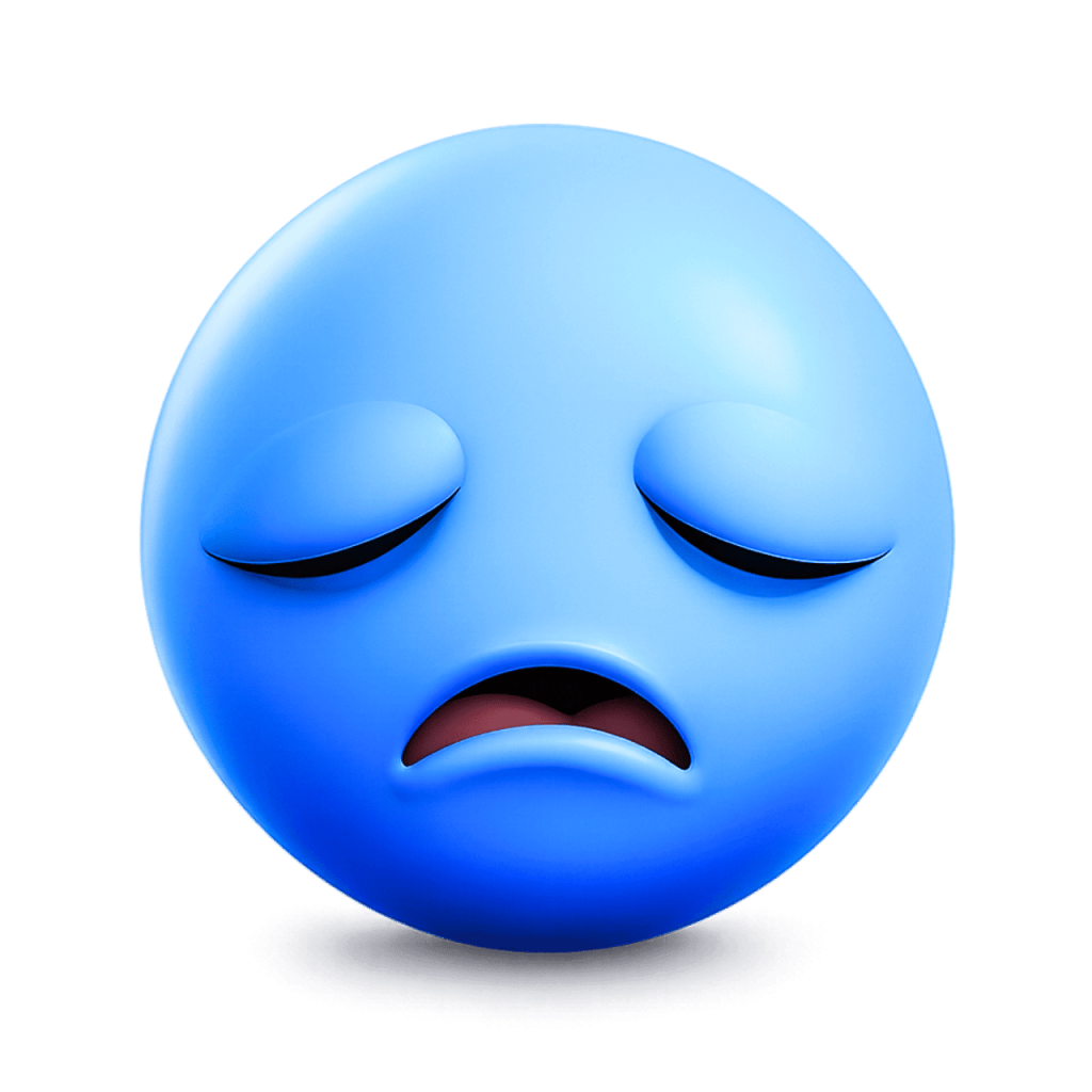 Blue 3D sad emoji with closed eyes and a downturned mouth, feeling glum.