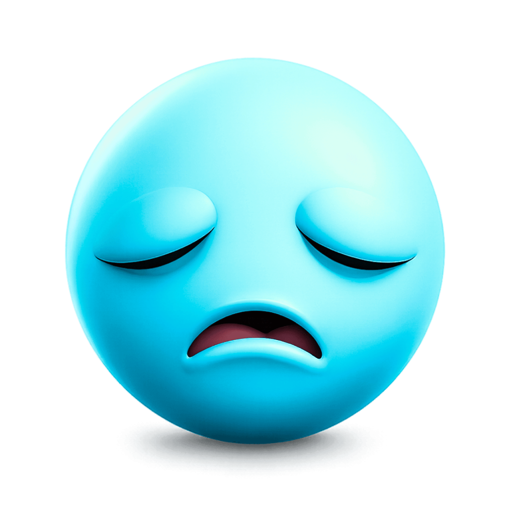 Cyan 3D sad emoji with closed eyes and a downturned mouth, feeling glum.