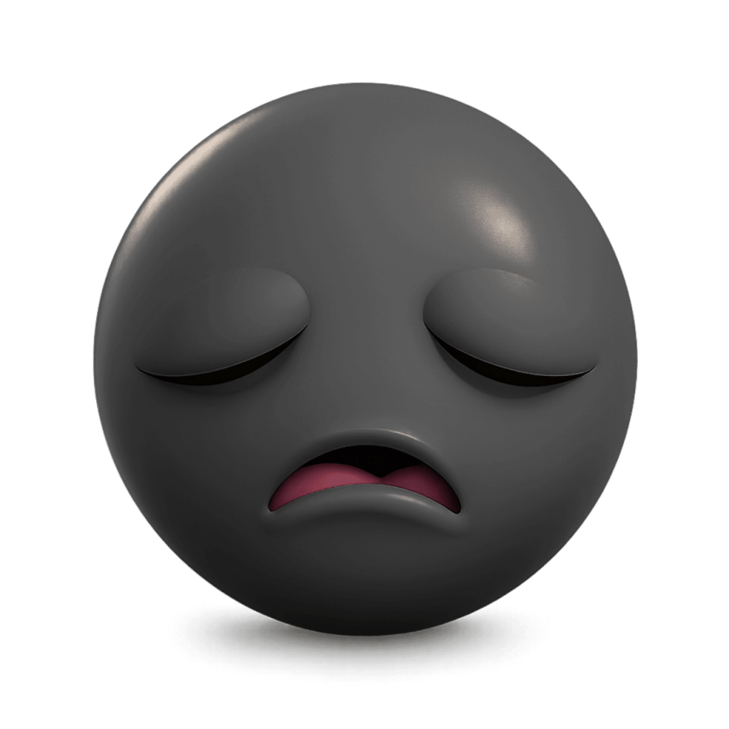 Dark grey 3D sad emoji with closed eyes and a downturned mouth, feeling glum.