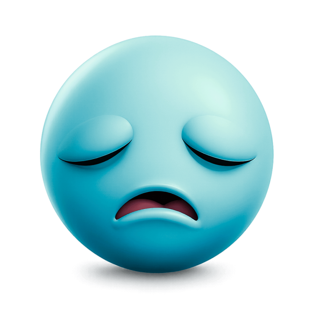 Light blue 3D sad emoji with closed eyes and a downturned mouth, feeling glum.