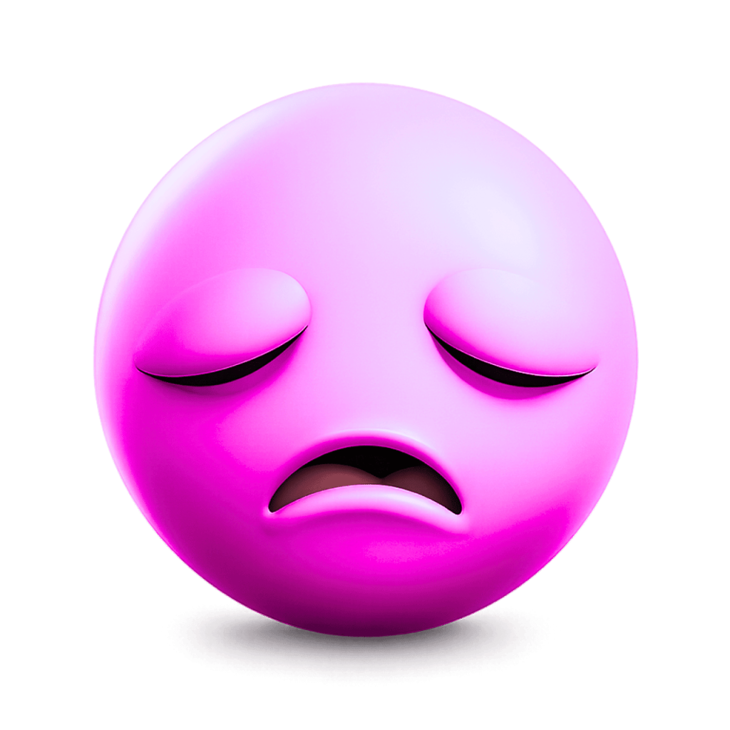 Pink 3D sad emoji with closed eyes and a downturned mouth, feeling glum.
