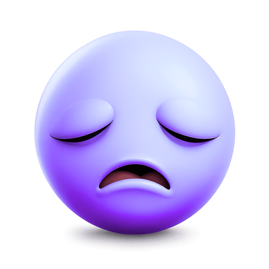 Purple 3D sad emoji with closed eyes and a downturned mouth, feeling glum.