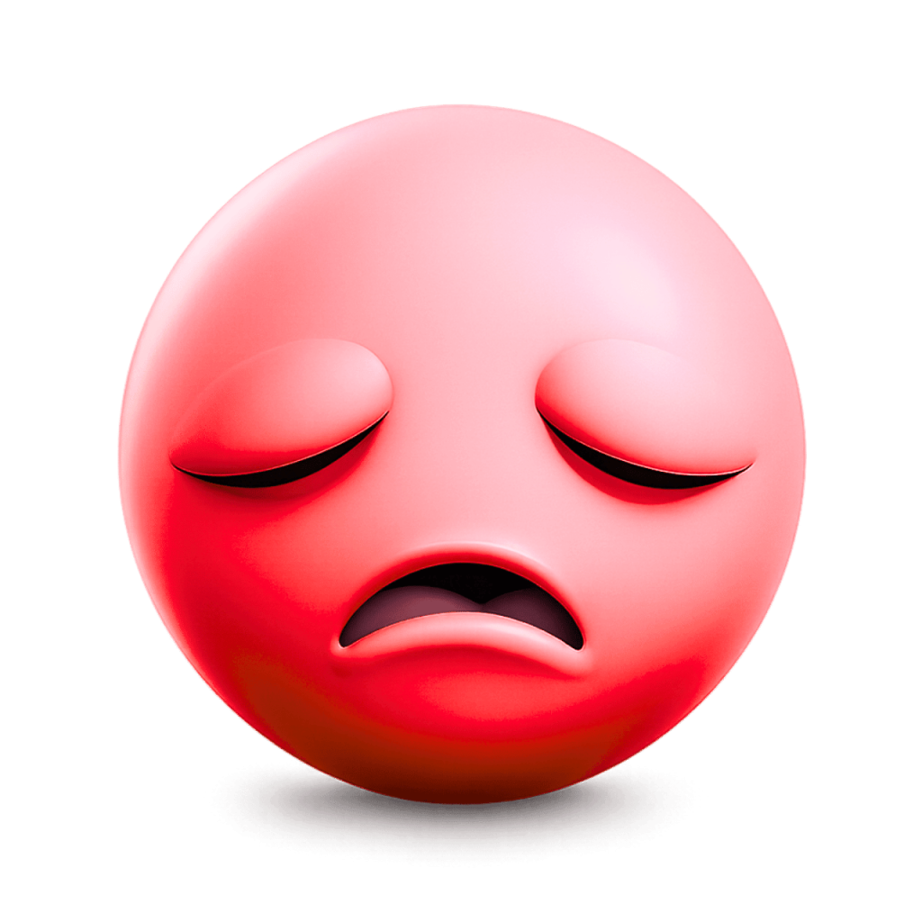 Red 3D sad emoji with closed eyes and a downturned mouth, feeling glum.