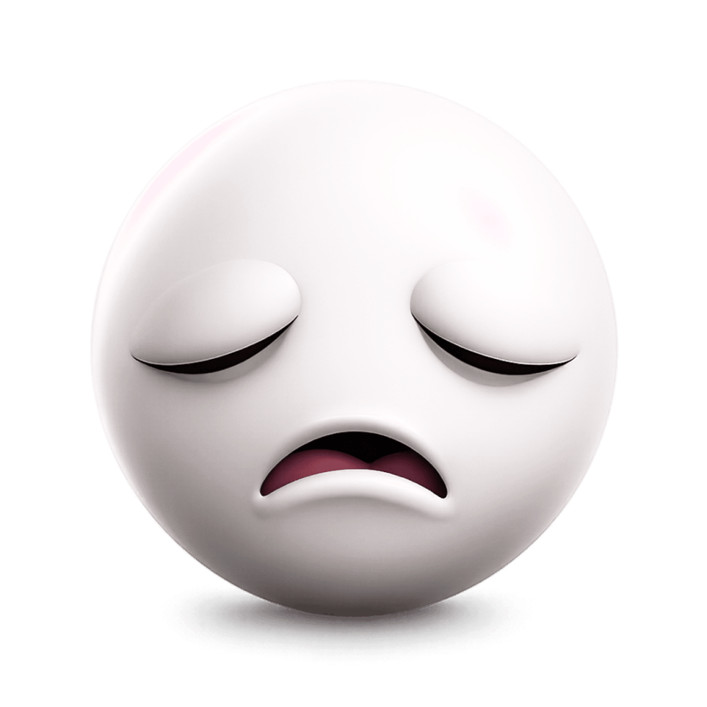 White 3D sad emoji with closed eyes and a downturned mouth, feeling glum.