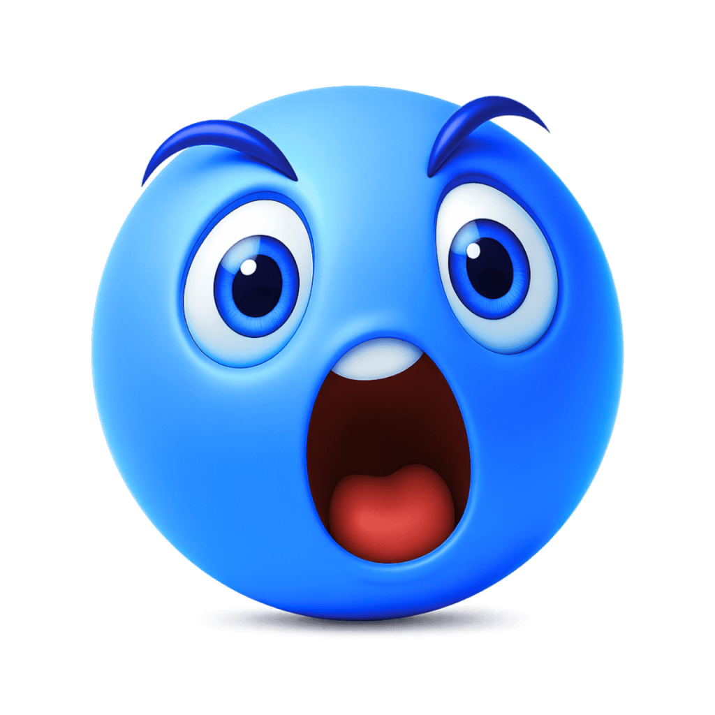 A vibrant blue emoji with wide eyes, raised eyebrows, and an open mouth in a screaming or shocked expression.