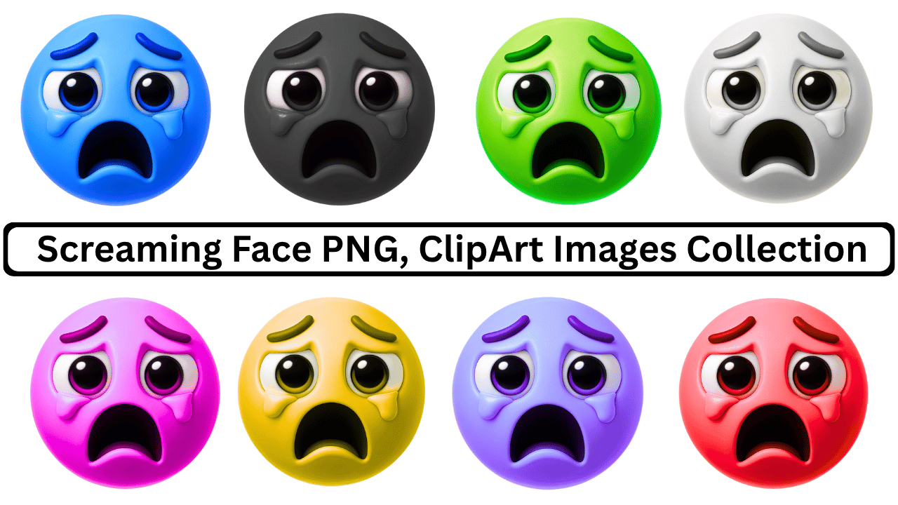 Collection of colorful 3D screaming face emojis with tears, expressing extreme distress