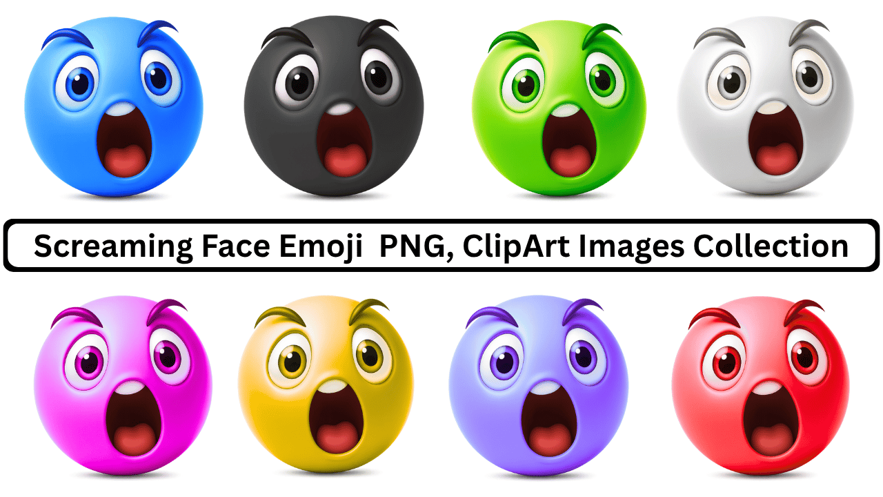 Collection of screaming face emojis in blue, black, green, white, pink, yellow, purple, and red.