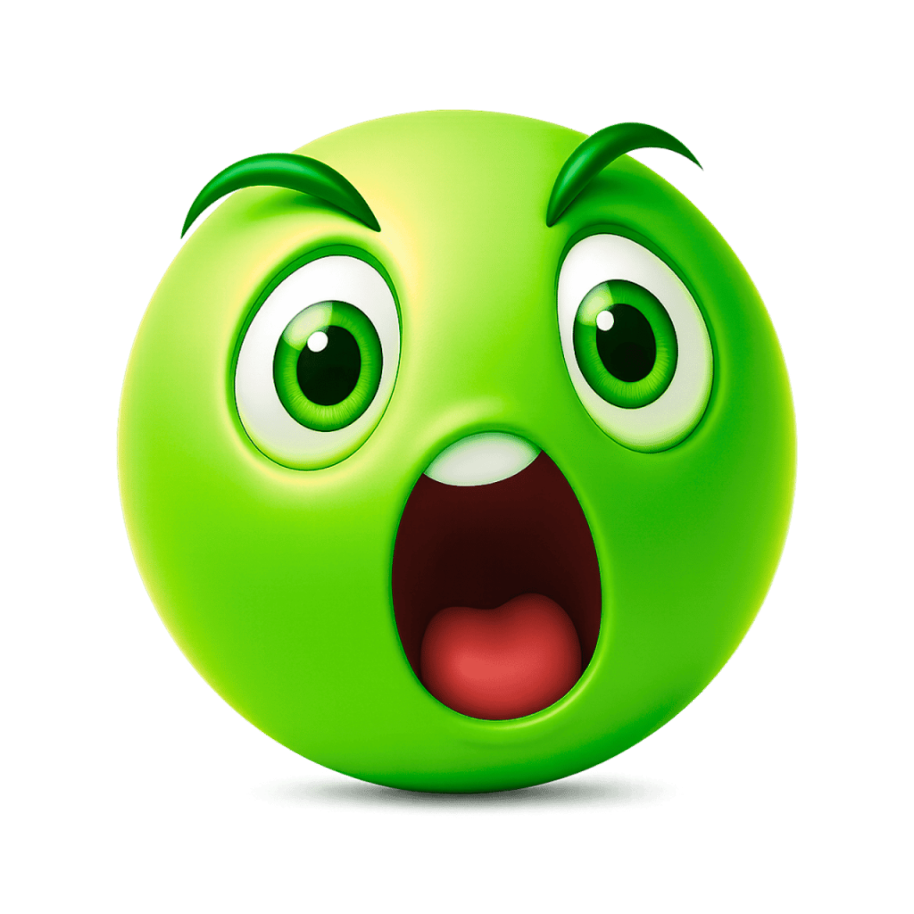A bright green emoji with wide eyes, arched brows, and an open mouth in a screaming or shocked expression.