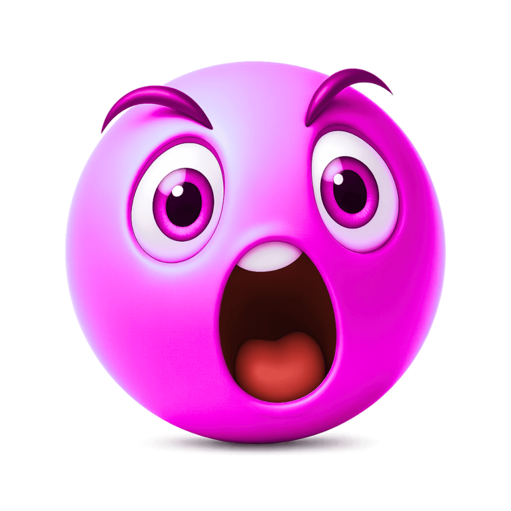 A vibrant magenta emoji with wide eyes, arched brows, and an open mouth in a screaming or shocked expression.