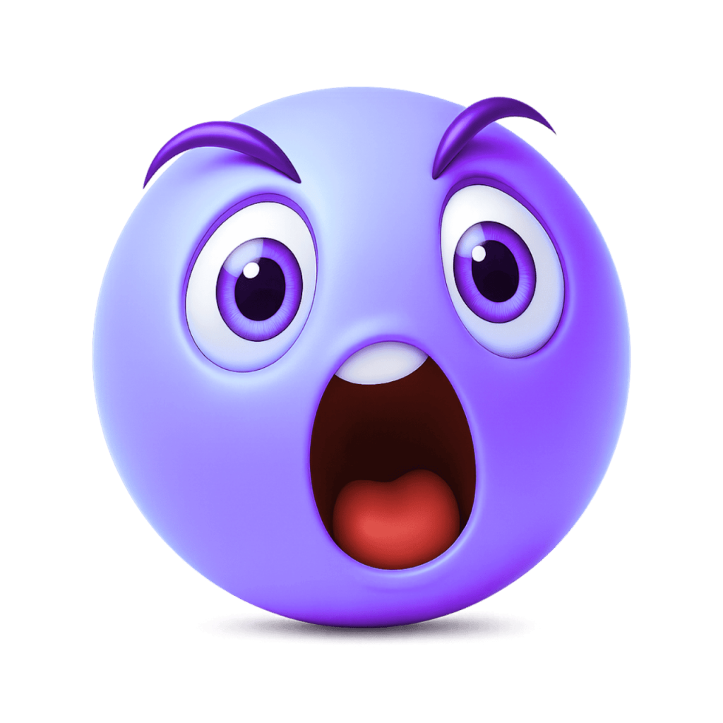 A vivid purple emoji with wide eyes, arched brows, and an open mouth in a screaming or shocked expression.