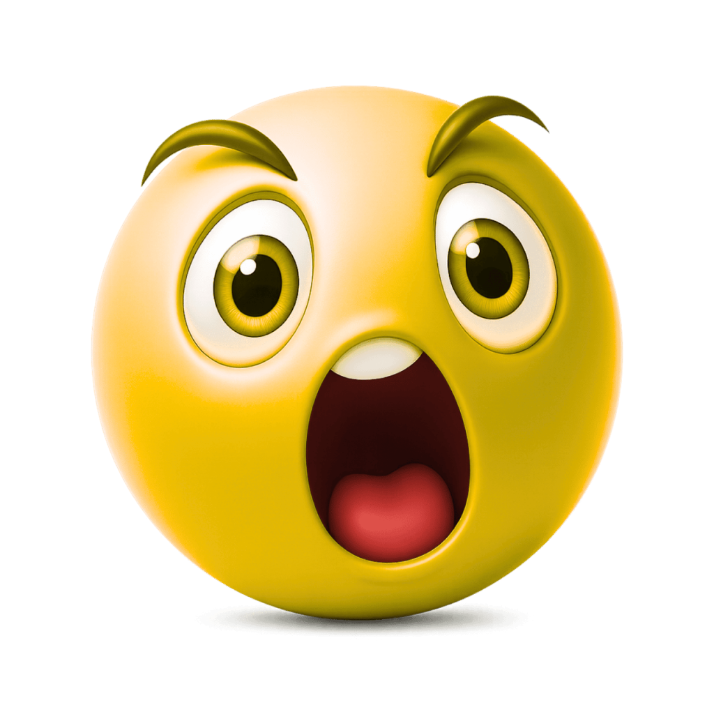 A bright yellow emoji with wide eyes, arched brows, and an open mouth in a screaming or shocked expression.