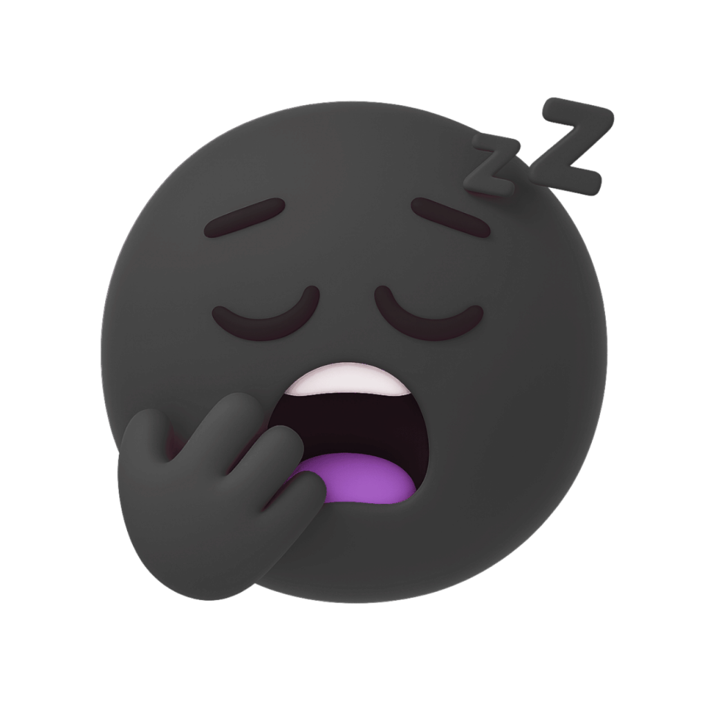 Sleeping yawning dark grey face emoji with Zzz, hand over mouth, very tired, vector graphic.