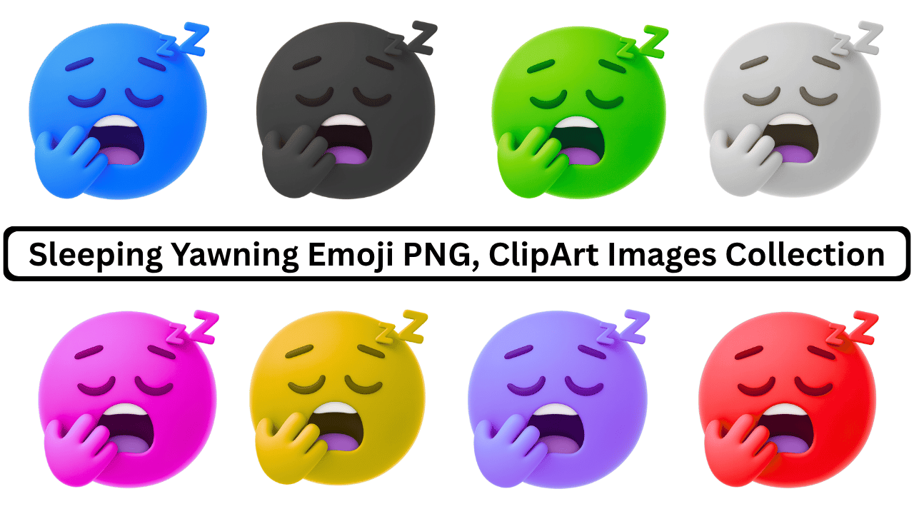 Collection of sleeping yawning face emojis in various colors with Zzz symbols, indicating extreme tiredness.
