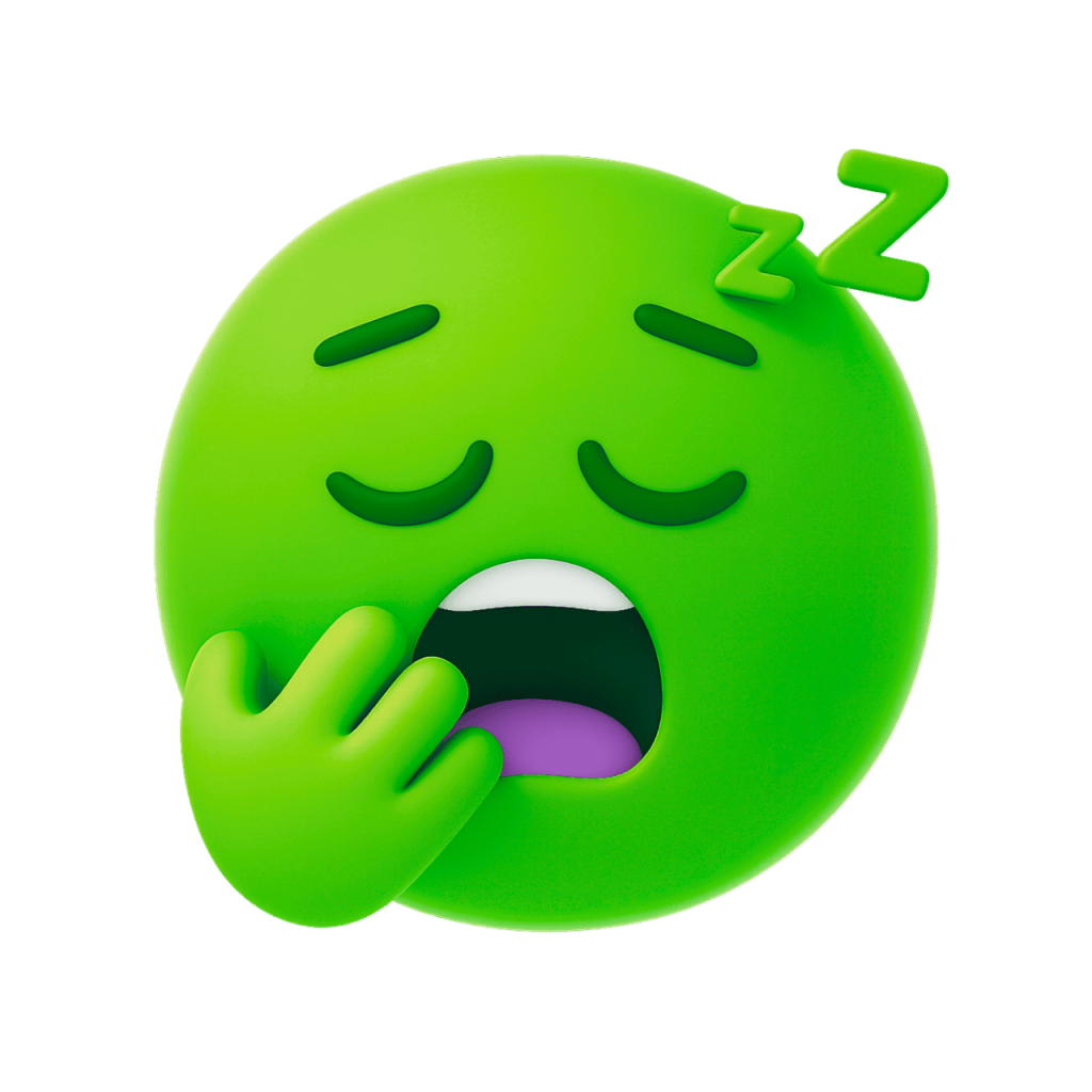 Sleeping yawning green face emoji with Zzz, hand over mouth, very tired, vector graphic.