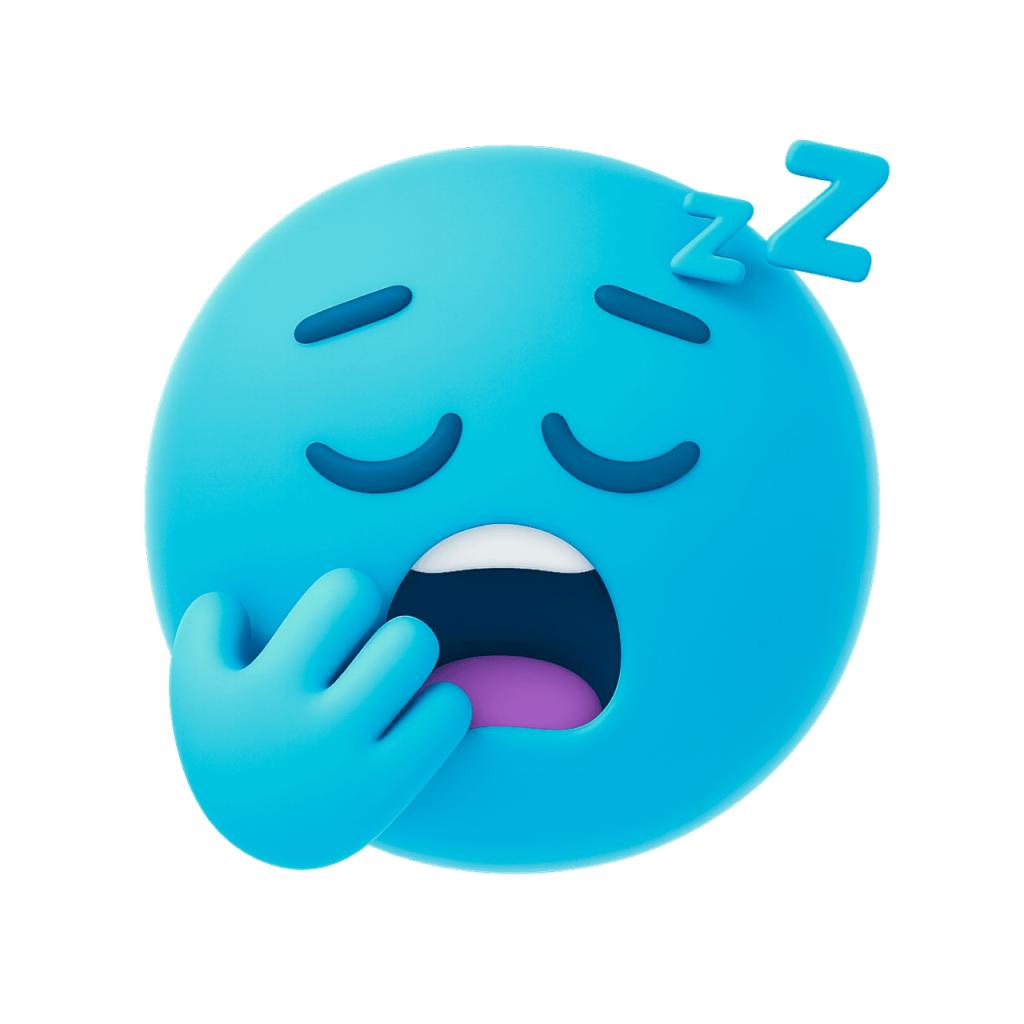 Sleeping yawning light blue face emoji with Zzz, hand over mouth, very tired, vector graphic.
