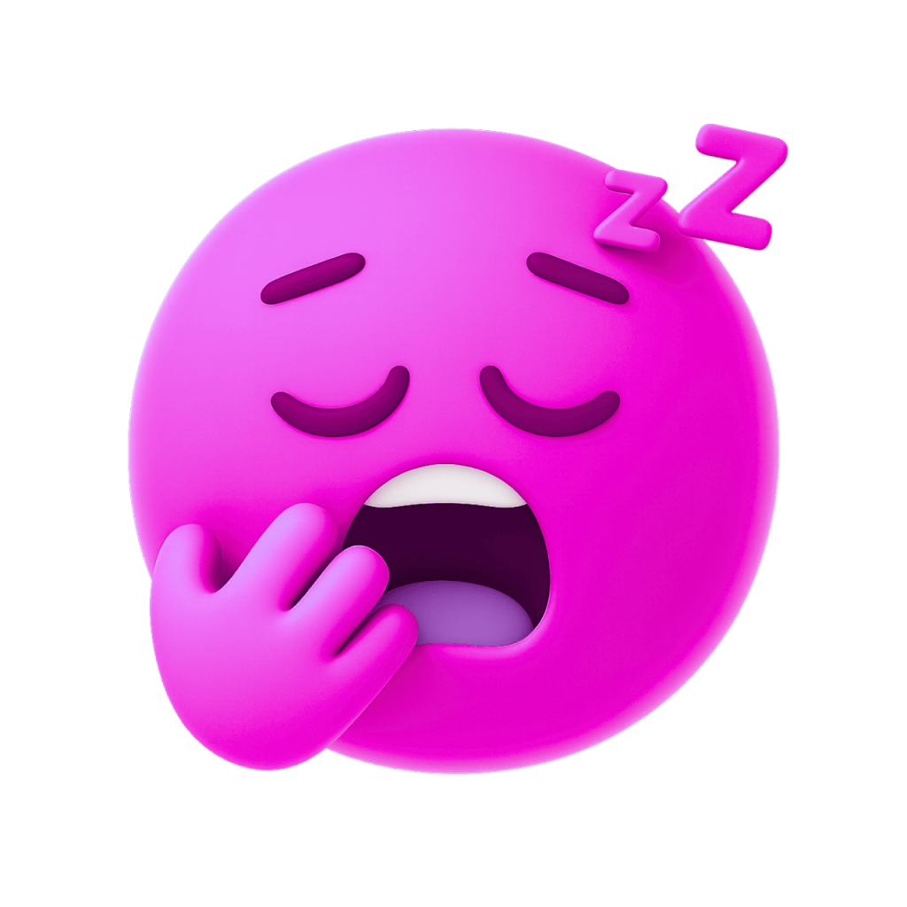 Sleeping yawning pink face emoji with Zzz, hand over mouth, very tired, vector graphic.