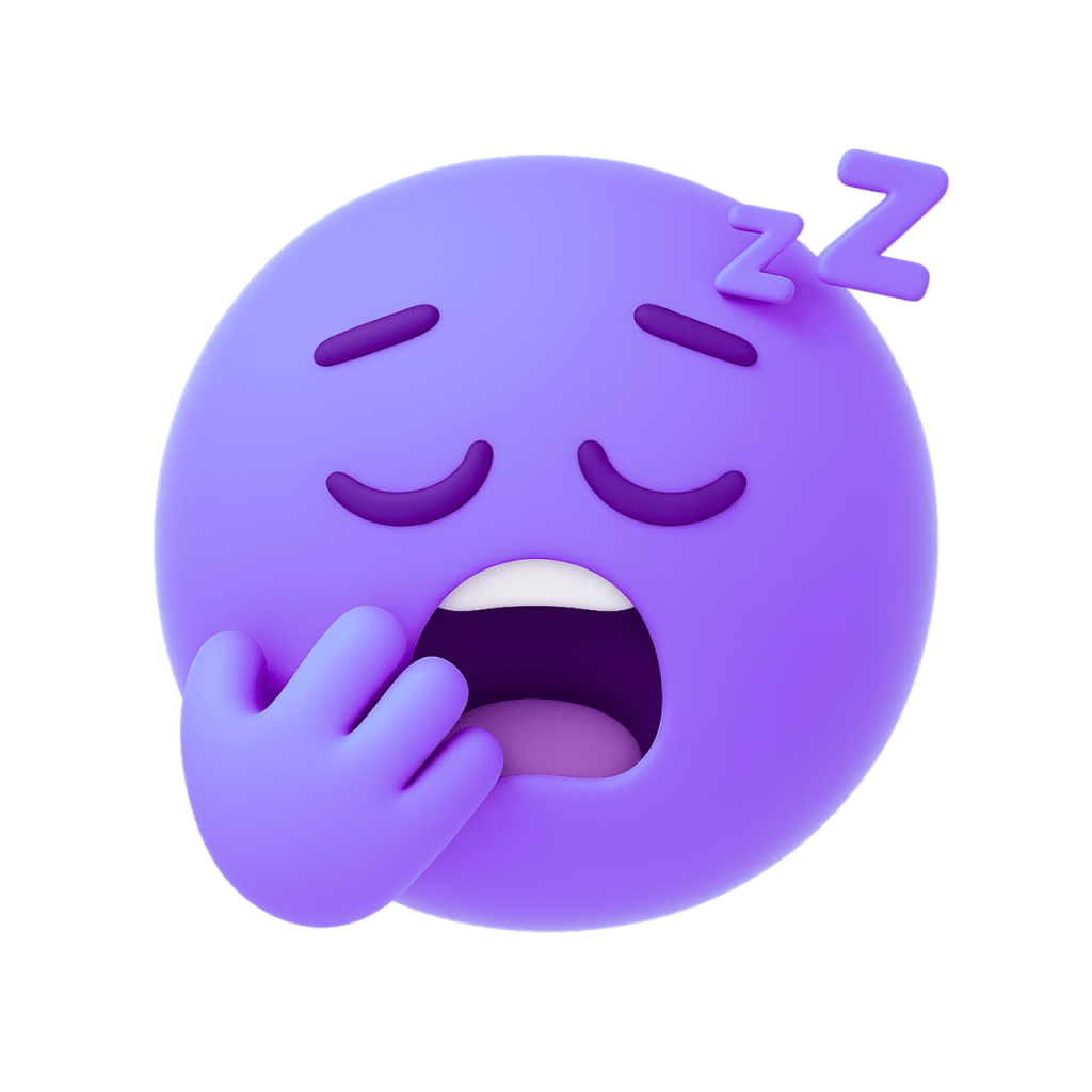 Sleeping yawning purple face emoji with Zzz, hand over mouth, very tired, vector graphic.