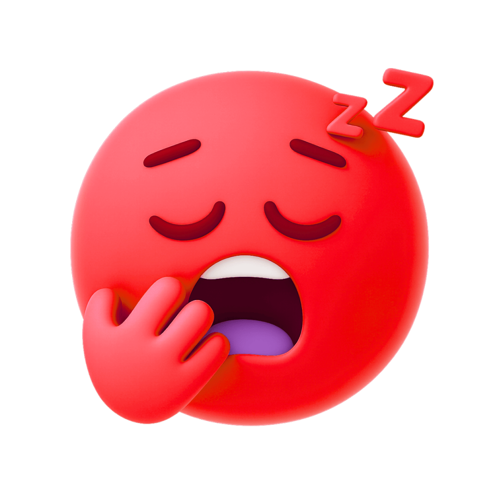 Sleeping yawning red face emoji with Zzz, hand over mouth, very tired, vector graphic.