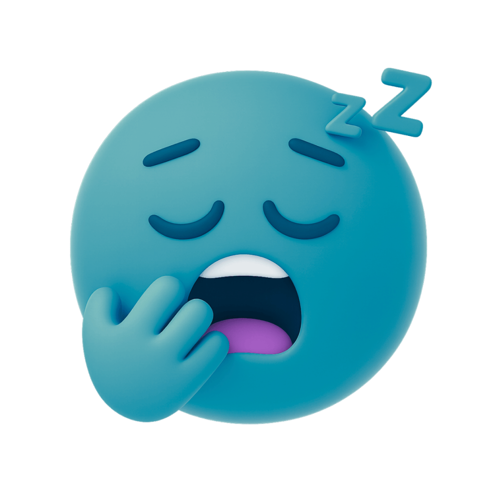 Sleeping yawning teal face emoji with Zzz, hand over mouth, very tired, vector graphic.
